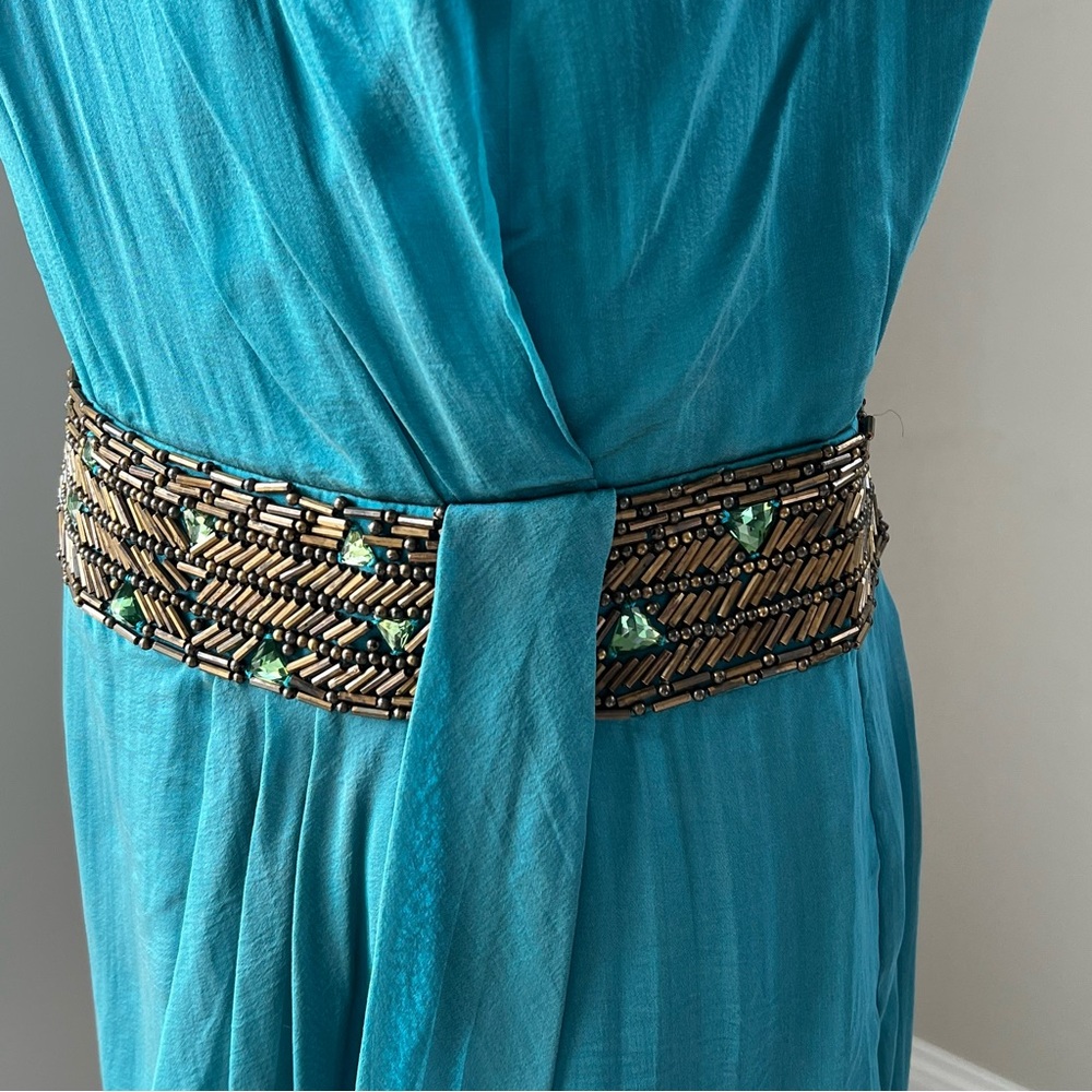 Carmen Marc beautiful %100 silk beaded ruched teal  Size 8 - Picture 7 of 11